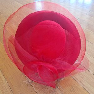 Vintage Wool RED Fascinator Hat Organza Kentucky Derby Church Bridal Tea Wedding